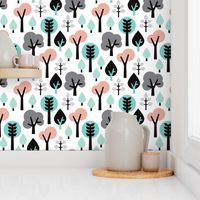 Pastel scandinavian woodland forest tree leaf and nature illustration pattern