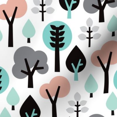 Pastel scandinavian woodland forest tree leaf and nature illustration pattern