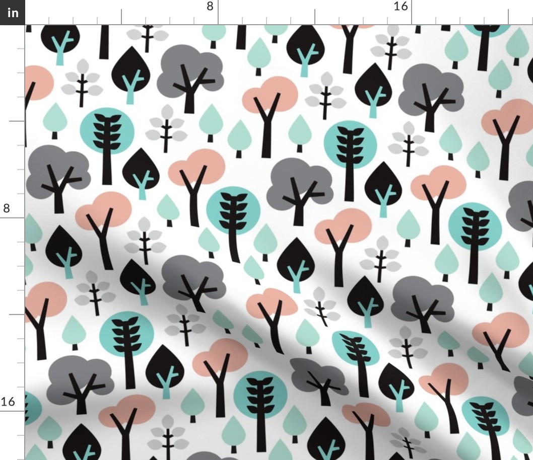 Pastel scandinavian woodland forest tree leaf and nature illustration pattern