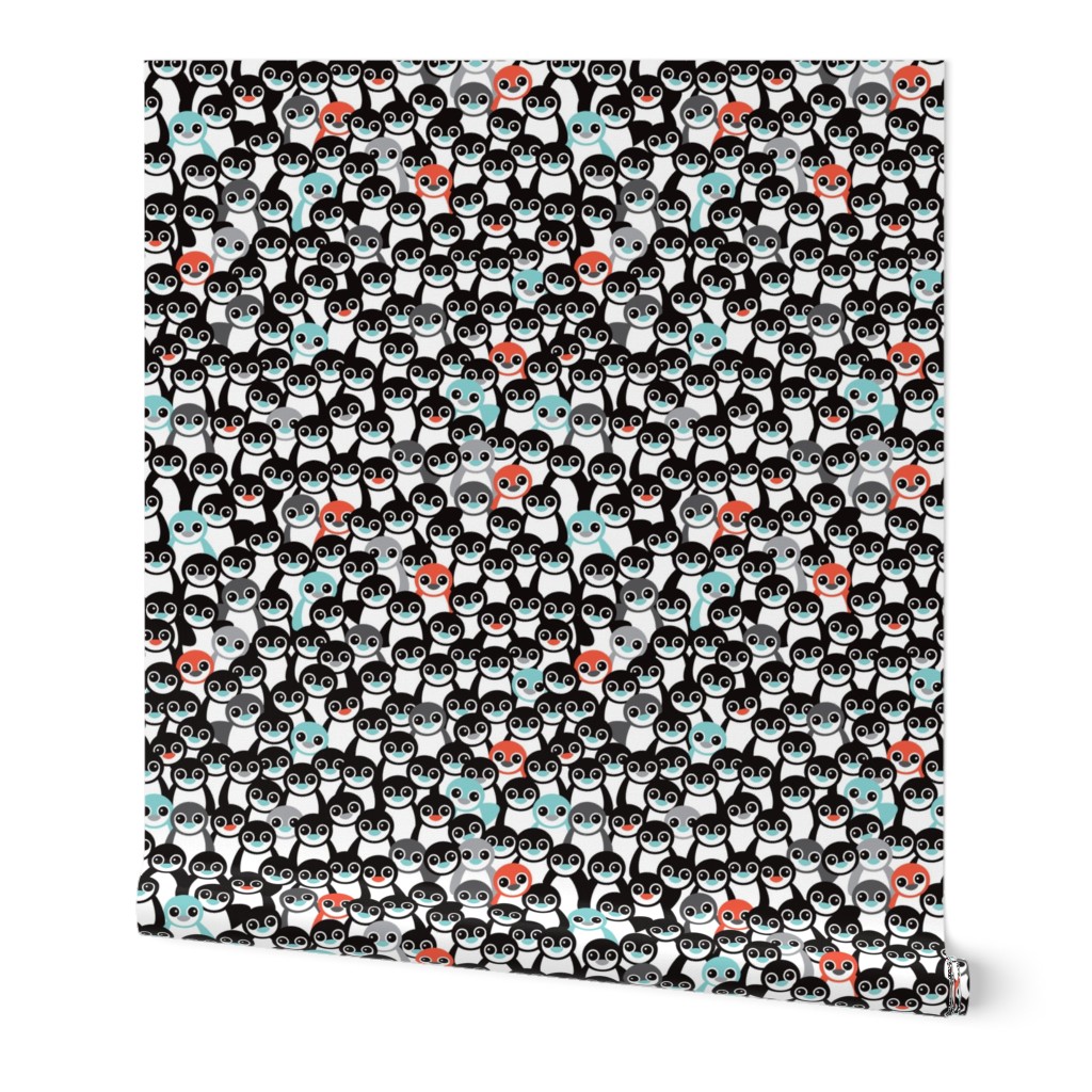 Cute little kids pattern in mint and coral adorable penguins winter illustration pattern for boys