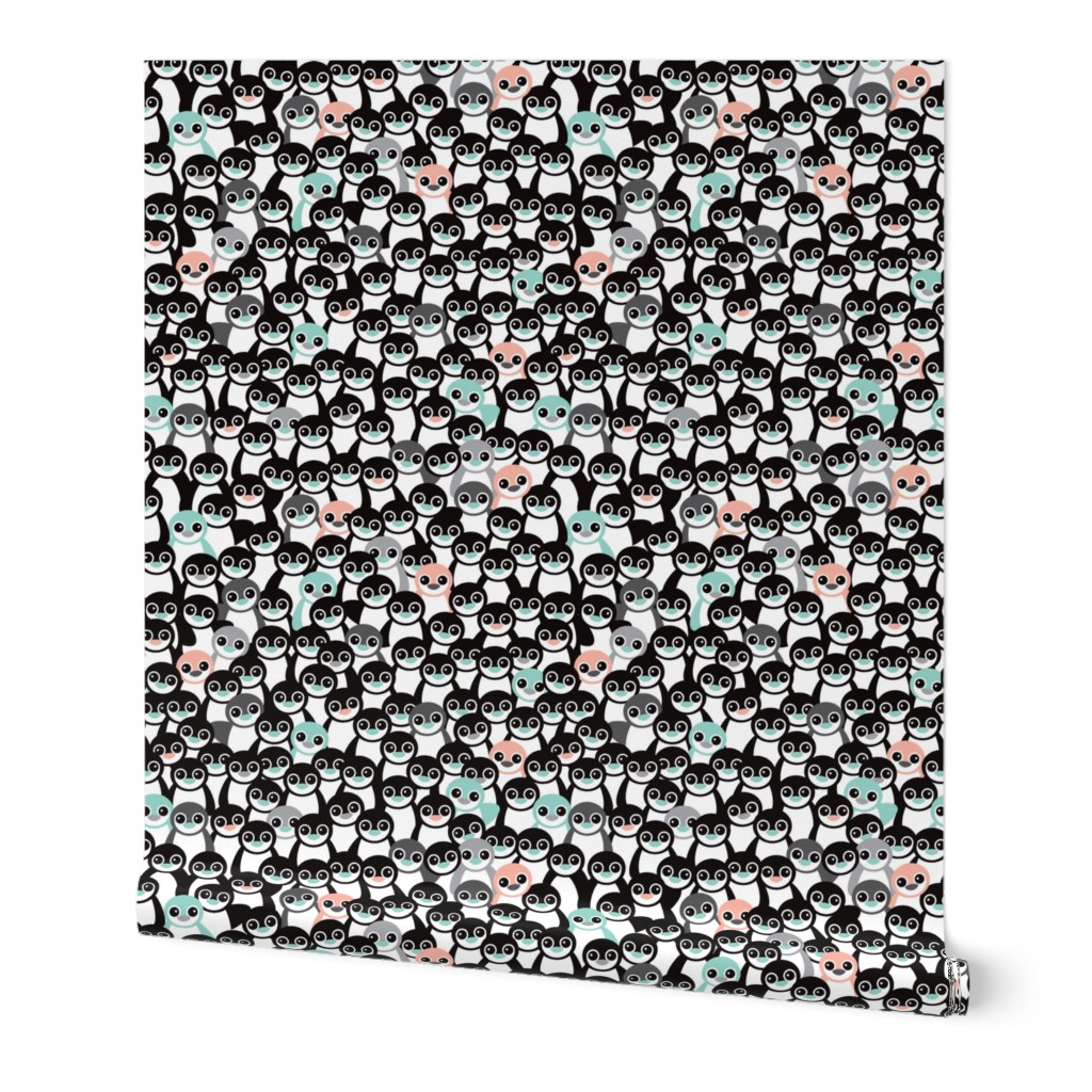 Cute little kids pattern in mint and coral adorable penguins winter illustration pattern