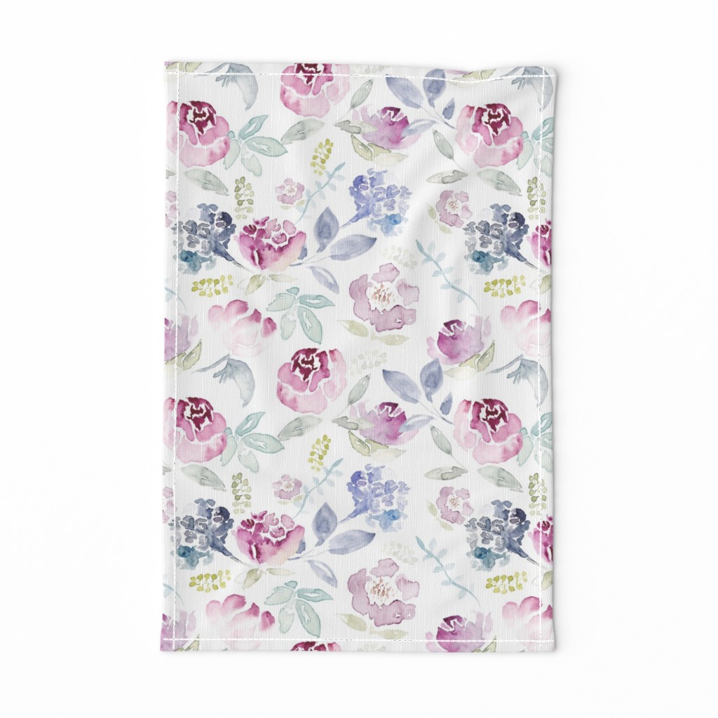 Watercolour Florals Vintage Faded Style on White LARGE