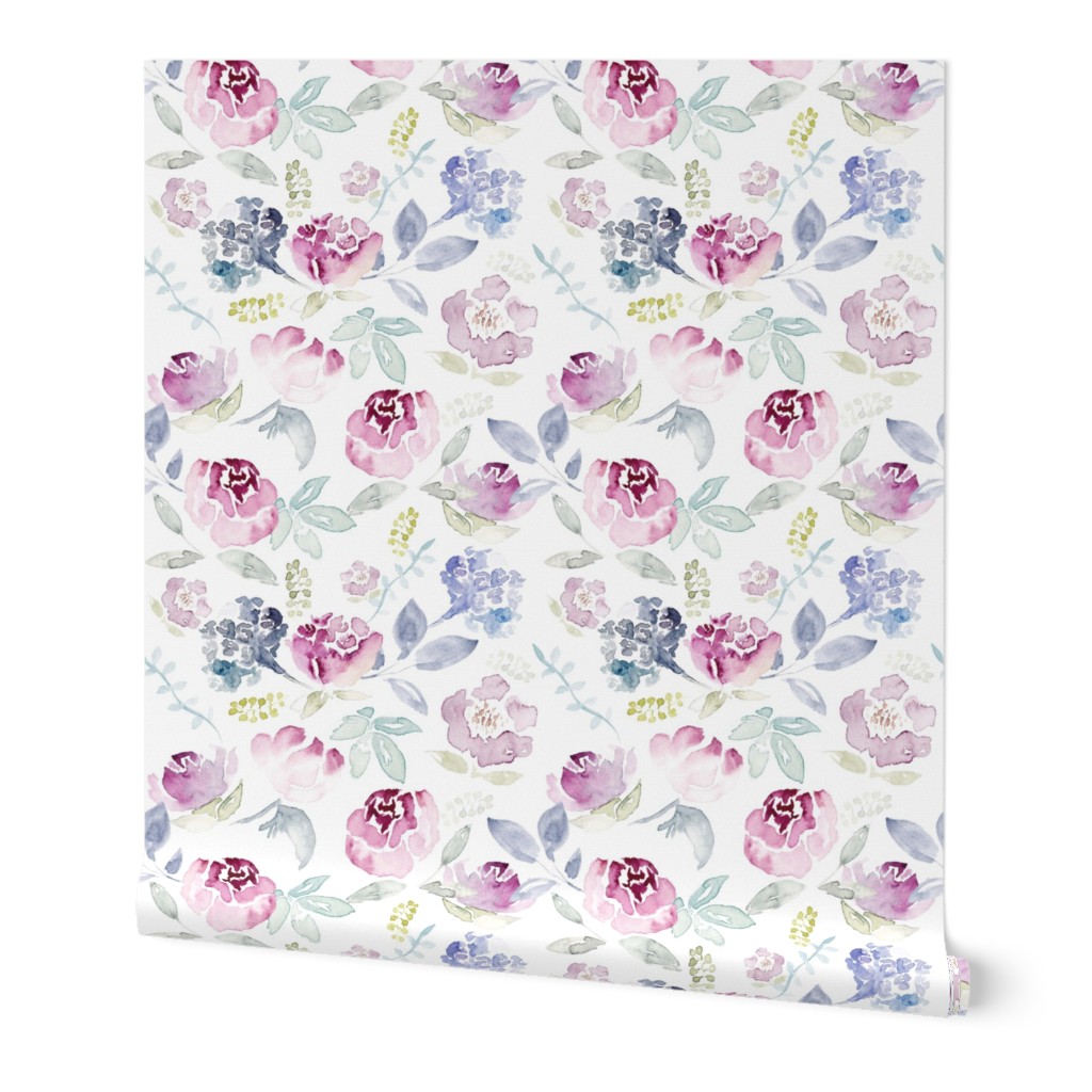 Watercolour Florals Vintage Faded Style on White LARGE
