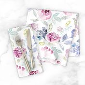 Watercolour Florals Vintage Faded Style on White LARGE