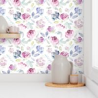 Watercolour Florals Vintage Faded Style on White LARGE