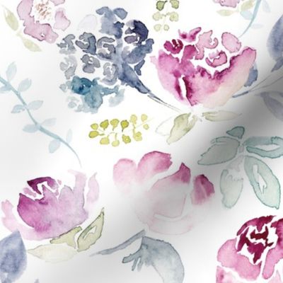 Watercolour Florals Vintage Faded Style on White LARGE