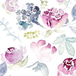 Watercolour Florals Vintage Faded Style on White LARGE