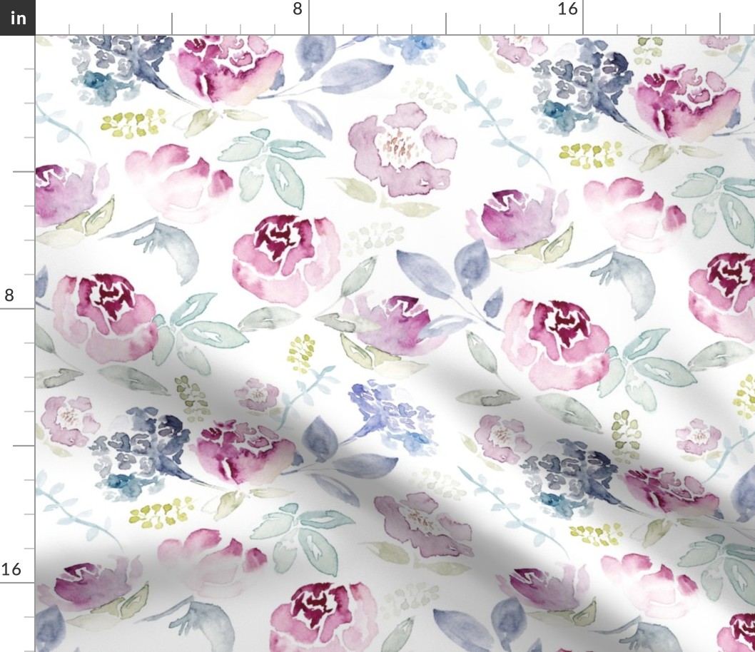 Watercolour Florals Vintage Faded Style on White LARGE