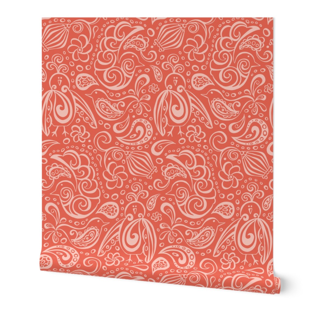 Festooned Feathered Friends - Bird Paisley Red & Pink