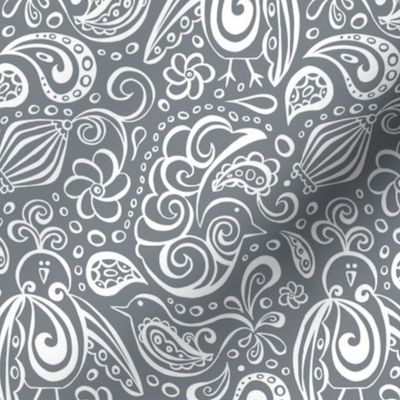 Festooned Feathered Friends - Bird Paisley Grey