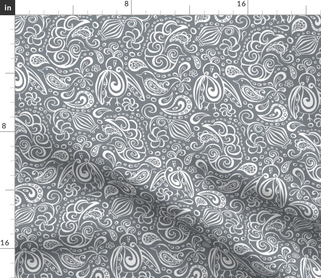 Festooned Feathered Friends - Bird Paisley Grey