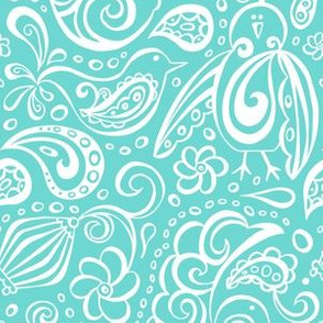 Festooned Feathered Friends - Bird Paisley Aqua