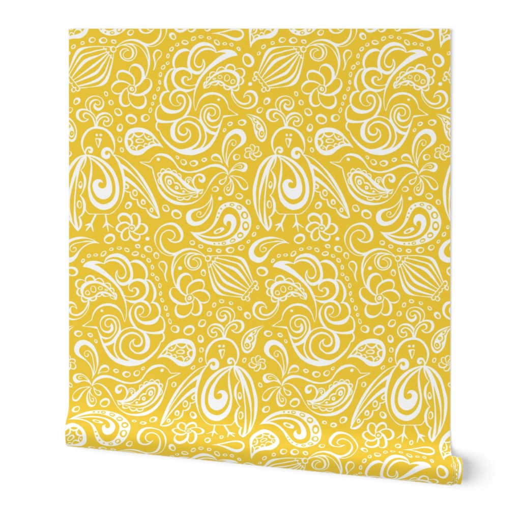 Festooned Feathered Friends - Bird Paisley Yellow