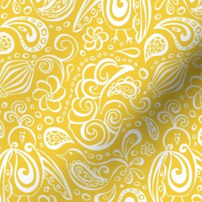 Festooned Feathered Friends - Bird Paisley Yellow