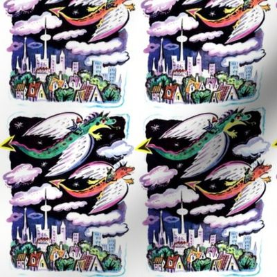 vintage retro kitsch dragons night clouds children riders city cities buildings houses trees cityscape fantasy mythical