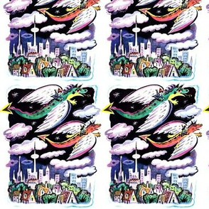 vintage retro kitsch dragons night clouds children riders city cities buildings houses trees cityscape fantasy mythical