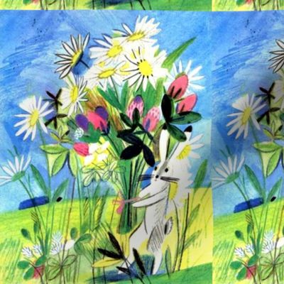 vintage retro kitsch bunny bunnies rabbits bouquets flowers daisy daisies countryside fields 