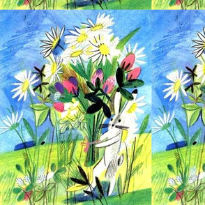 vintage retro kitsch bunny bunnies rabbits bouquets flowers daisy daisies countryside fields 