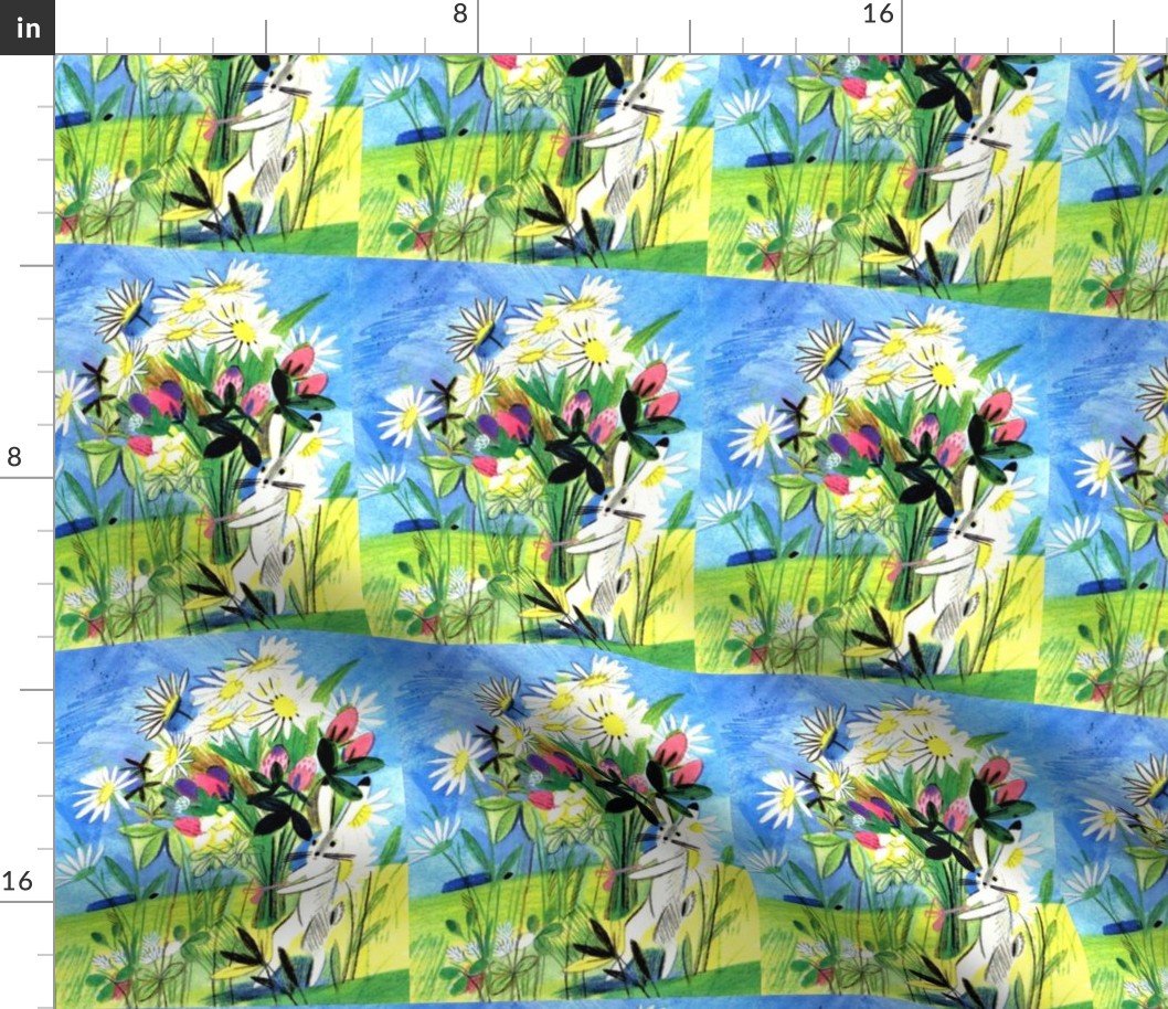 vintage retro kitsch bunny bunnies rabbits bouquets flowers daisy daisies countryside fields 