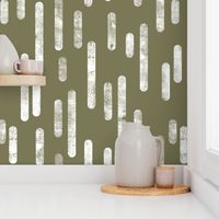 White on Olive Green | Large Scale Inky Rounded Lines Pattern