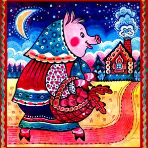 vintage retro kitsch night moon stars conifers trees forests cottages homes pigs farmers folk art vegetables radishes  