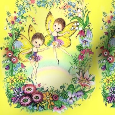 vintage retro kitsch pixies elf elves fairy fairies dance dancing dancers ballerinas ballet flowers wreaths floral rainbow colorful  