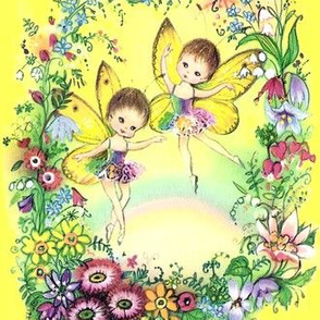 vintage retro kitsch pixies elf elves fairy fairies dance dancing dancers ballerinas ballet flowers wreaths floral rainbow colorful  