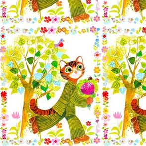 vintage retro kitsch cats pussy floral flowers wreath borders trees leaves birds bouquets ladybirds suits stripes Anthropomorphic whimsical 