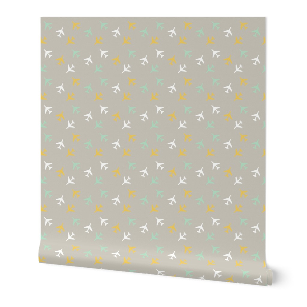 Airplanes White and Gray Mint Yellow