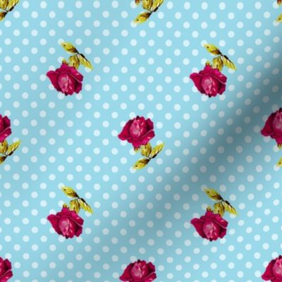 Roses On Blue Polka Dots