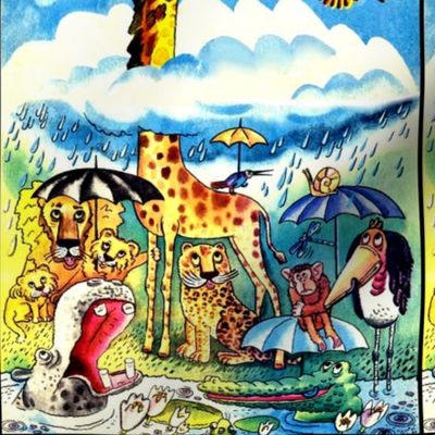 giraffe clouds sun cockatoo birds rain lions hippos leopards umbrellas monkeys dragonfly dragonflies snails storks cranes crocodiles lotus lily lilies