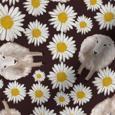 sheep and dasies on brown