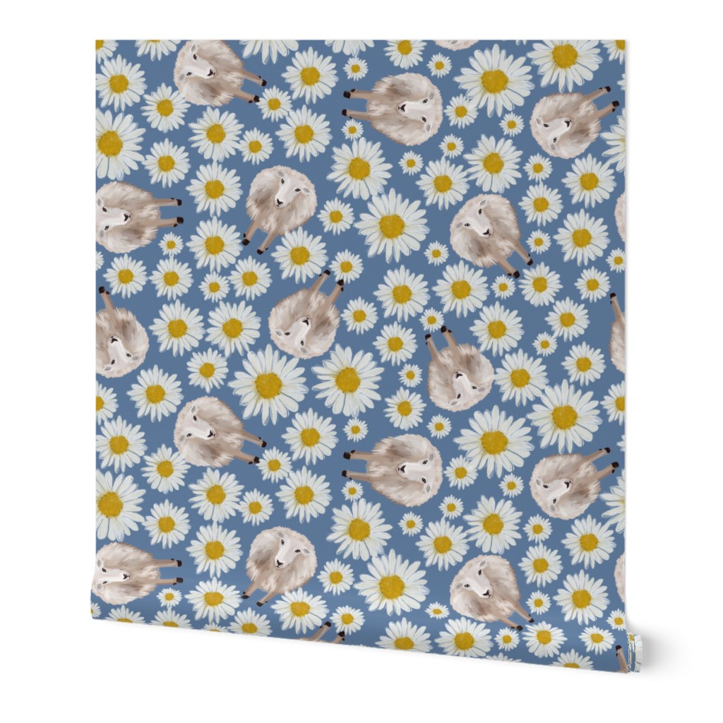 sheep and dasies on blue