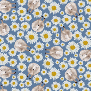 sheep and dasies on blue