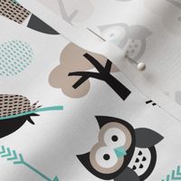 gender neutral blue black and beige summer owl feathers tree and arrows woodland illustration pattern design