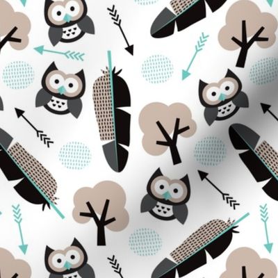 gender neutral blue black and beige summer owl feathers tree and arrows woodland illustration pattern design