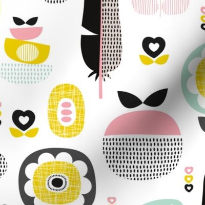 Colorful fresh poppy flowers and fruit spring summer retro  apples and feathers pattern design