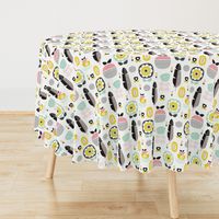 Colorful fresh poppy flowers and fruit spring summer retro  apples and feathers pattern design