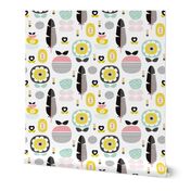 Colorful fresh poppy flowers and fruit spring summer retro  apples and feathers pattern design