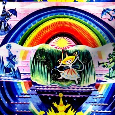 vintage retro kitsch fairies fairy gnomes elf elves pixies umbrellas rainbow queen princess musician trumpets stars whimsical sun rays