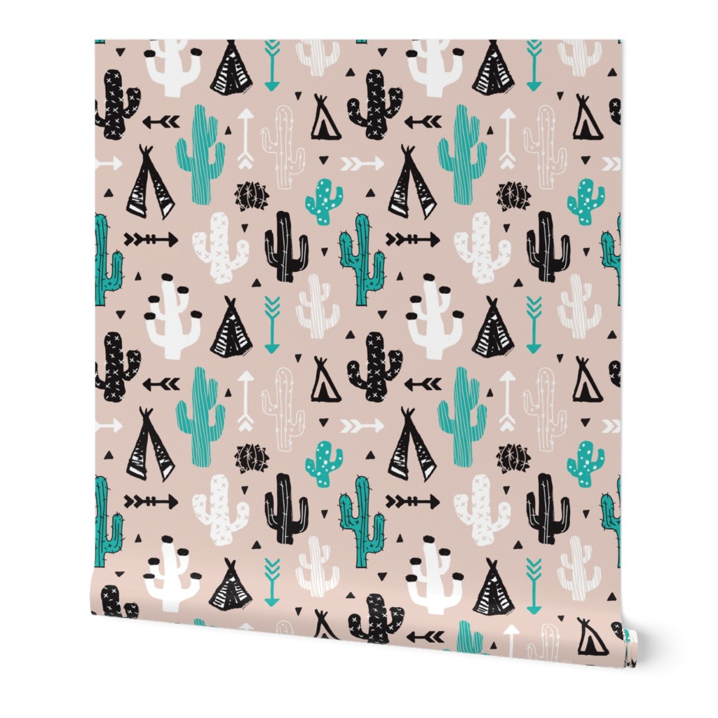 gender neutral soft blue and beige cactus and teepee botanical summer garden and indian arrow geometric grunge illustration pattern print