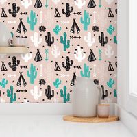 gender neutral soft blue and beige cactus and teepee botanical summer garden and indian arrow geometric grunge illustration pattern print