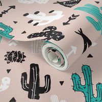 gender neutral soft blue and beige cactus and teepee botanical summer garden and indian arrow geometric grunge illustration pattern print