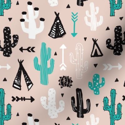 gender neutral soft blue and beige cactus and teepee botanical summer garden and indian arrow geometric grunge illustration pattern print