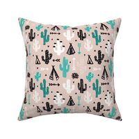 gender neutral soft blue and beige cactus and teepee botanical summer garden and indian arrow geometric grunge illustration pattern print