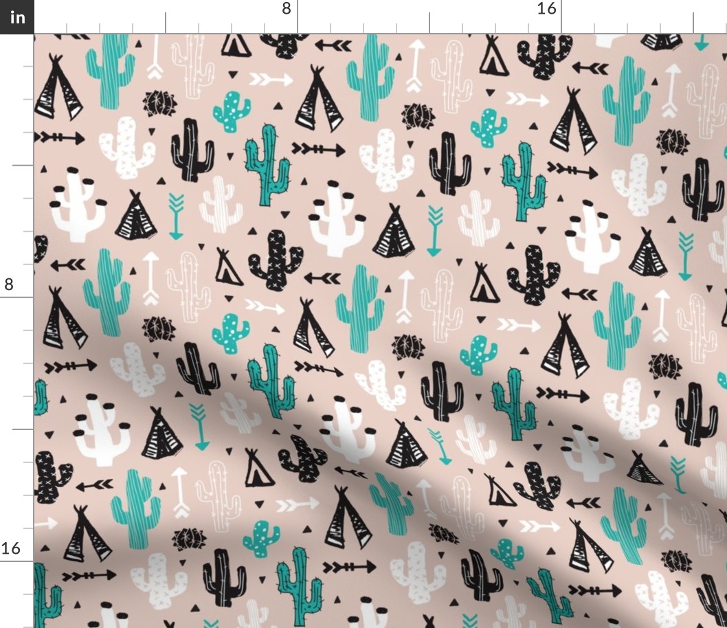 gender neutral soft blue and beige cactus and teepee botanical summer garden and indian arrow geometric grunge illustration pattern print