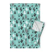 Blue black and white cactus and teepee botanical summer garden and indian arrow geometric grunge illustration pattern print