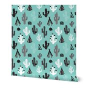 Blue black and white cactus and teepee botanical summer garden and indian arrow geometric grunge illustration pattern print