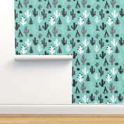 Blue black and white cactus and teepee botanical summer garden and indian arrow geometric grunge illustration pattern print