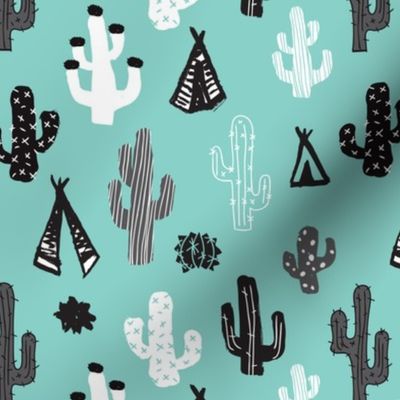 Blue black and white cactus and teepee botanical summer garden and indian arrow geometric grunge illustration pattern print